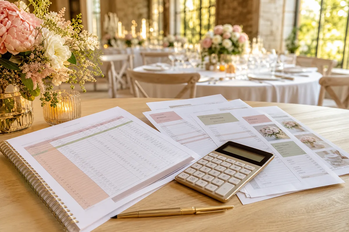 Tableau de répartition budgétaire d&rsquo;un mariage avec devis et calculatrice sur un bureau