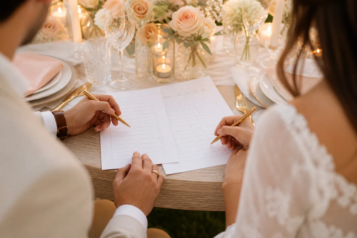 Couple annotant une liste d&rsquo;invités et une grille de postes budgétaires pour son mariage