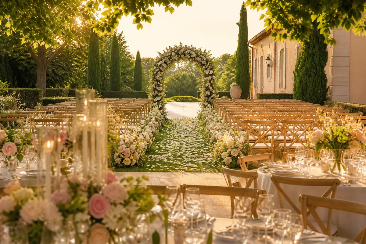 Allée de cérémonie laïque en extérieur avec chaises alignées et arche fleurie