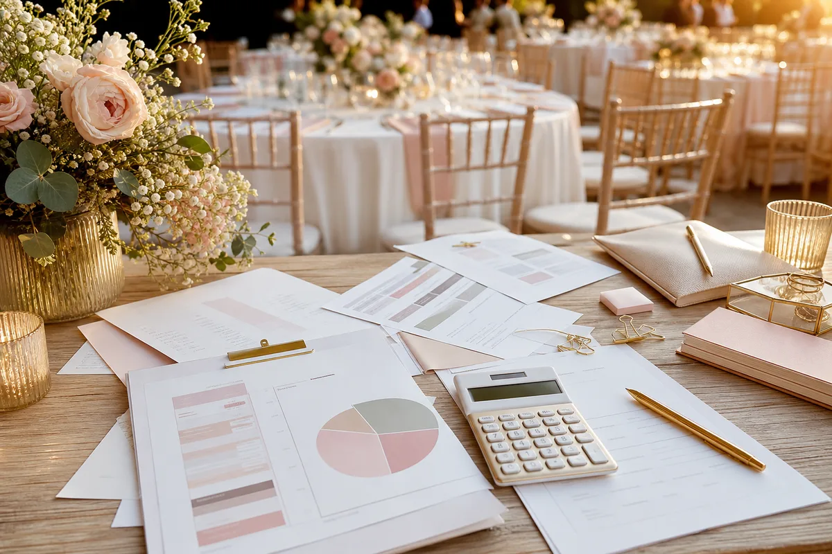 Table de travail avec devis de prestataires, calculatrice et répartition budgétaire d’un mariage