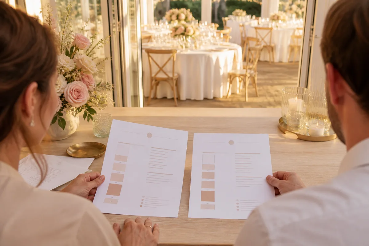 Couple comparant deux propositions tarifaires d’organisation de mariage sur une table de salon