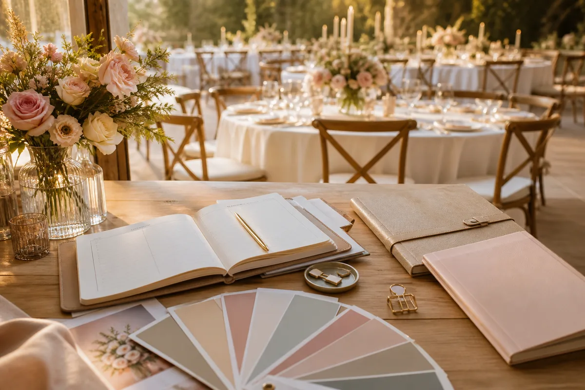 Espace de travail d’une organisatrice de mariage avec agenda annuel, nuancier et carnet de contacts prestataires