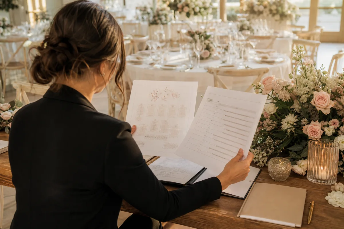 Organisatrice de mariage vérifiant un plan de salle et un échéancier de paiements avant une réception