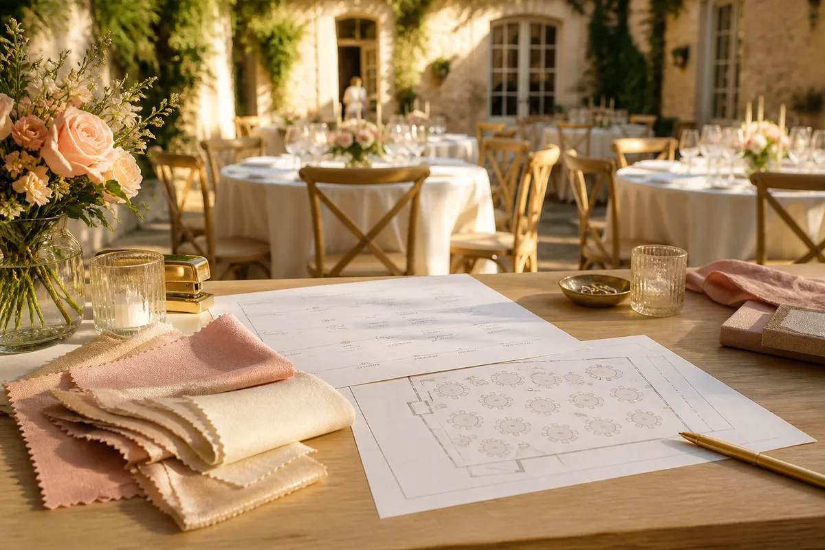 Bureau d’un organisateur de mariage avec rétroplanning imprimé, échantillons de tissus et plan de salle