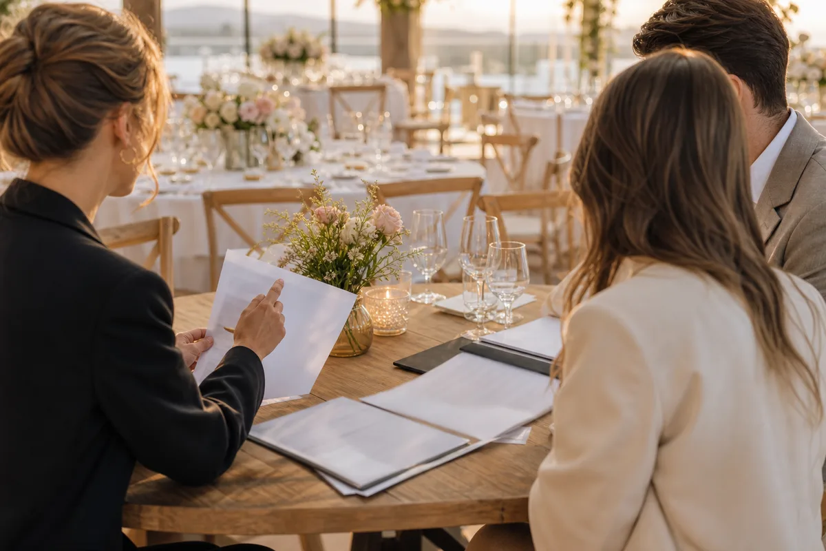 Coordinateur en réunion avec un couple, feuille de timing et devis étalés sur une table en bois