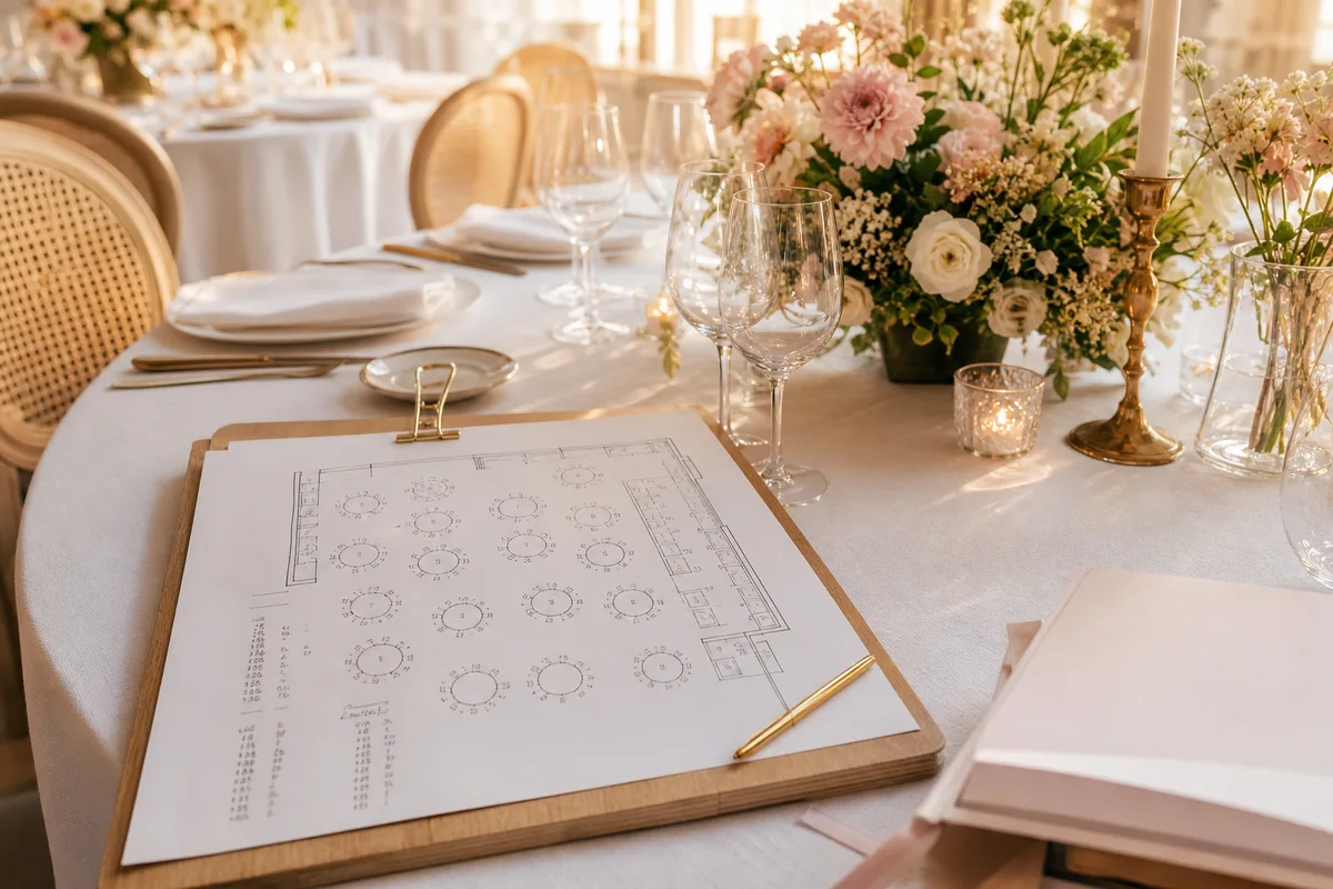 Plan de salle de mariage dessiné avec tables rondes numérotées et liste d’invités