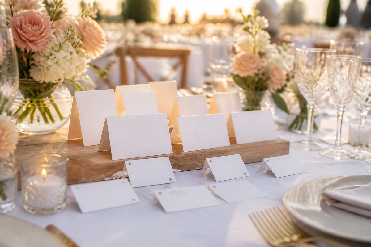Cartons de placement et étiquettes nominatives disposés sur une table de réception