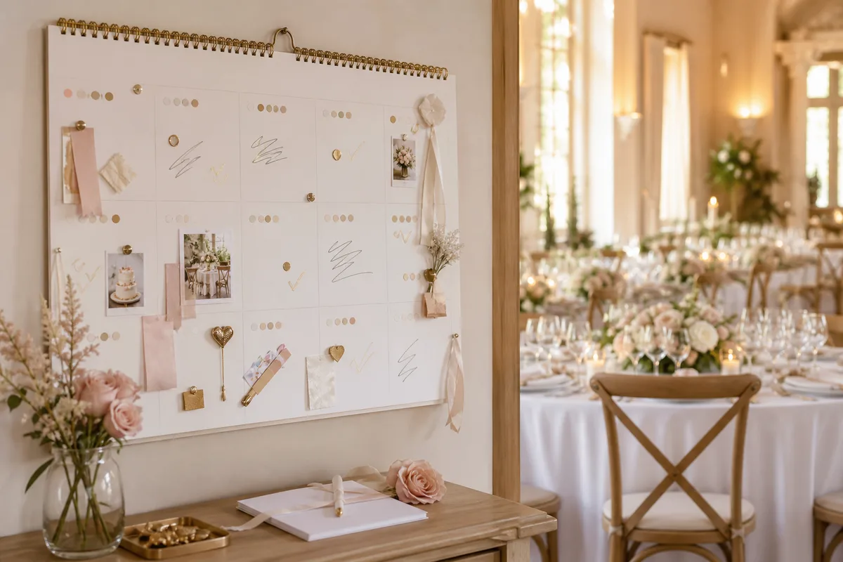 Calendrier mural annuel annoté avec les étapes de préparation d&rsquo;un mariage