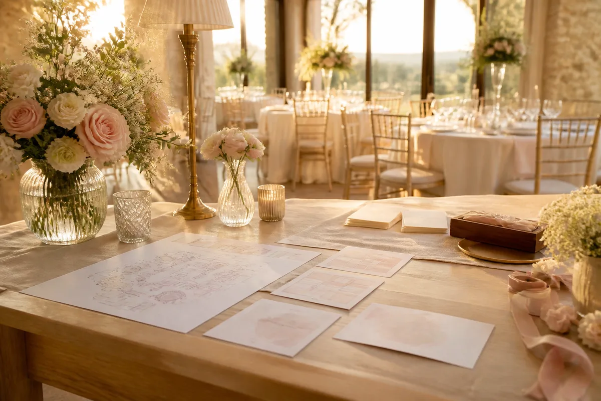 Table de préparation avec plan de table, feuille de timing et menus imprimés à un mois du mariage